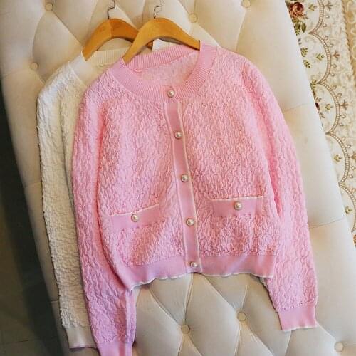 Cute Pink Women Sweater 2021 Autumn Sweet Round neck Single Breasted Short Knitted Cardigan Coat Jumpers