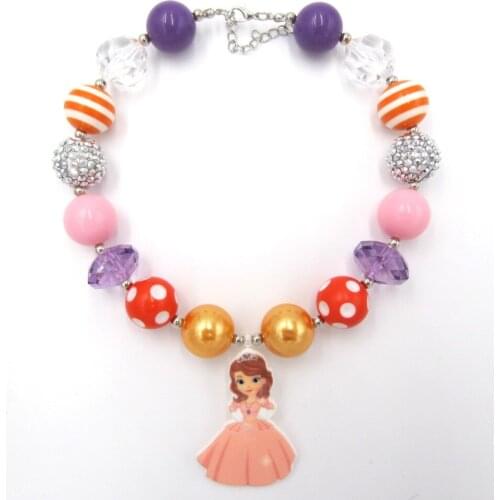 Toddler Kids Dress Up Jewelry Cartoon Princess Sofia Charm Pendant Chunky Beaded Bubble Gum Necklace Best Gift To Baby Gilrs