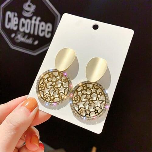 Hollow Star Round Dangle Earrings For Women Crystal Circle Gold Color Bling Earrings Fashion Jewelry Korea Earring