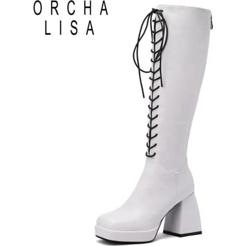 Black White Brown Women Knee High Boots Platform Thick High Heel Ladies Lace Up Faux Leather Square Toe Womens Boots S2352