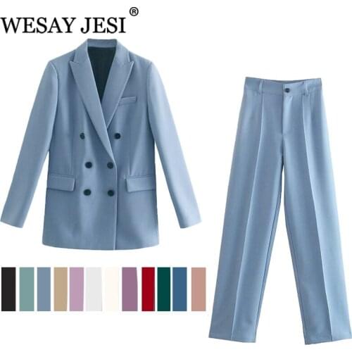 WESAY JESI Womens Jacktet Blazer Office Suit Pantsuit Simple Solid Color Suit Collar Long Sleeve + Trousers 2 Piece Set Blazer