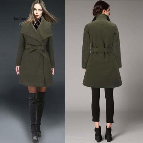 Womens Elegant Long Wool Coat Winter Warm Lapel Belted Jackets Solid Color Slim Fit Casual Coats Female Long Style Outerwear