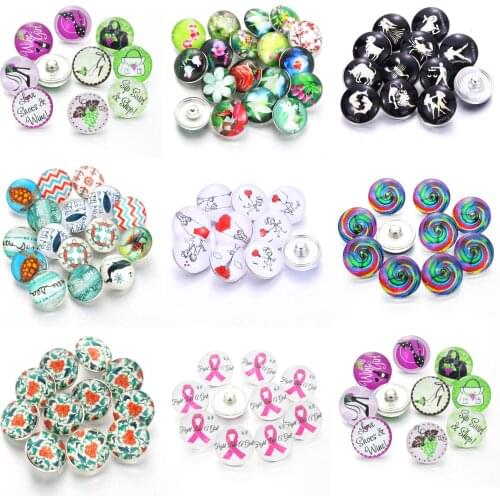 10pcs/lot 18mm Glass Snap Buttons DIY Charms Love Heart Print Cabochon Faceted Glass Snap Fit Snap Bracelet for Women Gift
