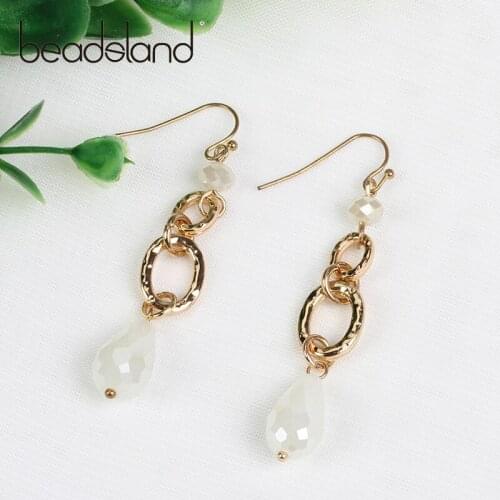 Beadsland Long Drop Earrings With Metal Link and Glass Pendant Fashion Elegent Design Women Girl Gift 37482