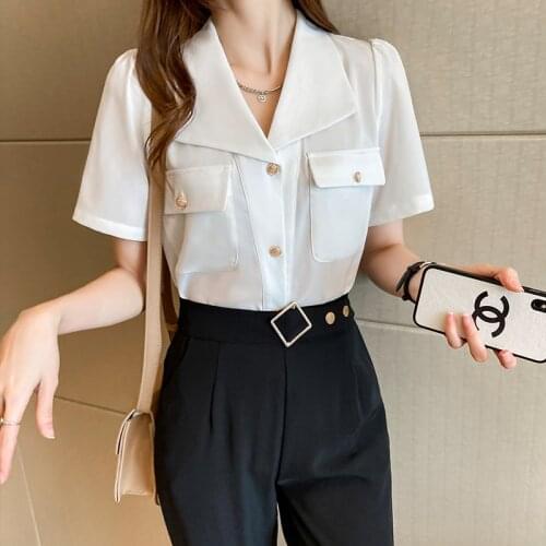 2021 France summer White Womens Tops and Blouses Short sleeve Blouse Button Solid lapel Tops Women Shirts