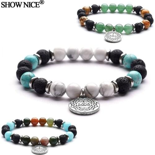 Yoga Pendant Stainless Steel Accessories Lava Rock Charm Beaded Bracelets India Onyx White Howlite Natural Stone Bangles