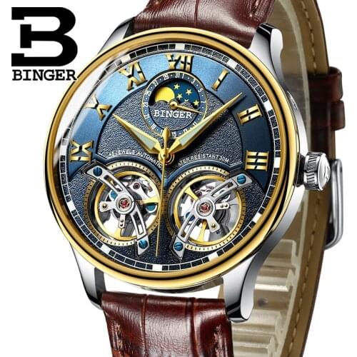 Switzerland Automatic Mechanical Men Watches BINGER Luxury Brand Skeleton Sapphire Waterproof Moon Phase Luminous B-8606M