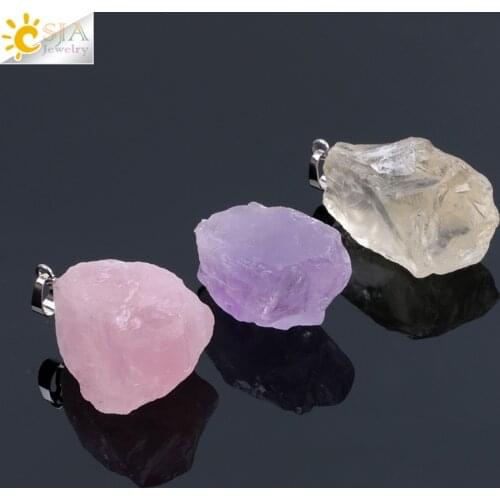 CSJA Natural Stones Gems Clear Crystal Pendants Necklaces Reiki Healing Irregular White Yellow Purple Pink Quartz Pendulum F070