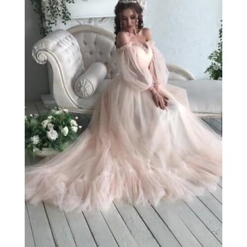 Elegant Long Sleeves Evening Dress Sweetheart A Line Formal Women Long Tulle Pink Party Plus Size Gowns Lace Dubai Prom Dresses