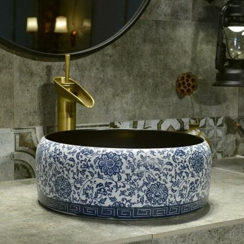 Chinese Art Basin Household blue and white black ceramic Washbasin bathroom sink