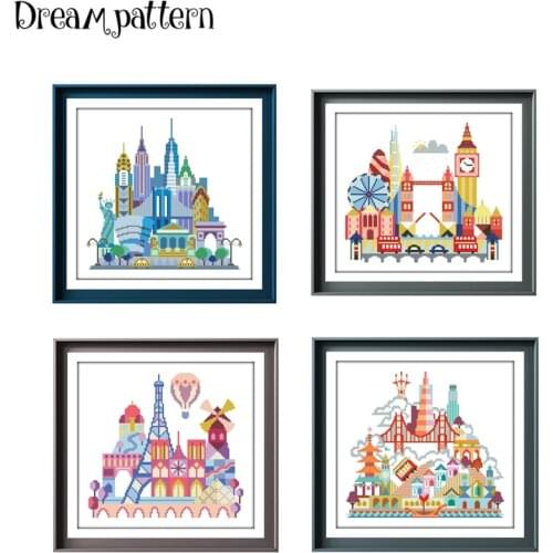 Dreampattern London Paris New York city cross stitch kits cartoon pattern 18ct 14ct 11ct white fabric DIY embroidery kit