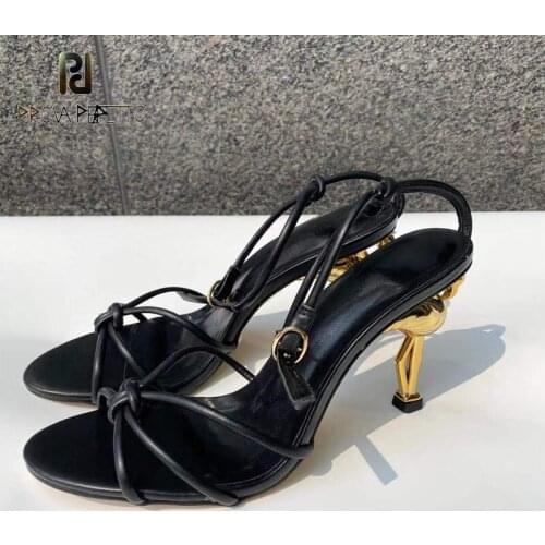 2021 Summer Newly Designed Unique Flamingo Strange High Heel Sandals Women Knitted Narrow Band Ankle Strap