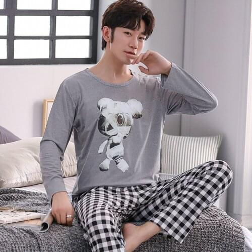 2020 Autmn New Men Pajamas Long Sleeve O Neck Male Pajama Set Thin Loose Printed Pajamas Homewear Men Soft Casual Suit Sleepwear