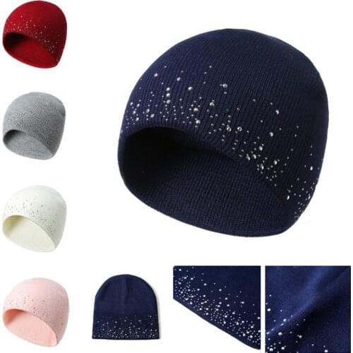 Autumn Winter Women Hat Rhinestone Headwear Decoration Warm Beanie Slouchy Ski Skull Cap -OPK