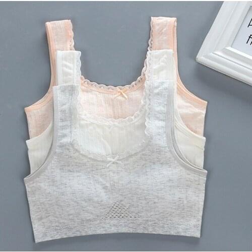 Teenage Young Girl Cotton Training Bra Mesh Patchwork Lace Solid Color Bralette Wireless Padded Puberty Vest Crop Top