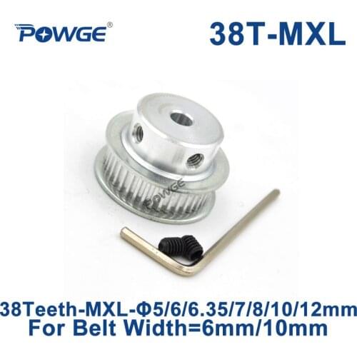 POWGE Inch 38 Teeth MXL Timing pulley Bore 5/6/6.35/7/8/10/12mm for width 6mm 10mm MXL synchronous Belt Gear wheel 38teeth 38T