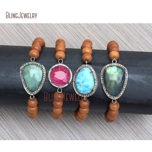 Stretch Bracelets Pave CZ Connectors Sandalwood Bracelet Larimar Labradorite Bracelet Beaded Boho Stretch BM12458