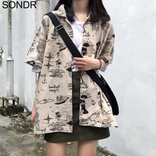 2021 New Summer WomenS Shirt Vintage Retro Graffiti Boyfriend Couple Short Sleeve Cotton Loose Shirts Cute Fashion Blouse Women