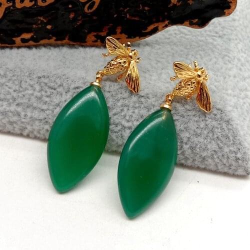 YYGEM natural Marquise green agate Gold Filled cz pave Beetle Stud Earrings ethnic style for women