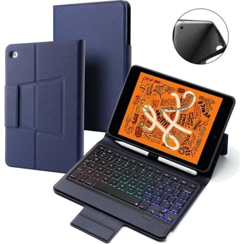 For iPad mini 5 2019 Slim Wireless Bluetooth Russian/Spanish/Hebrew Keyboard Case Cover With Pencil Holder 7 Color LED Backlight