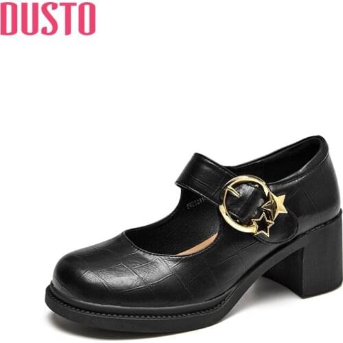 DUSTO 2021 new autumn womens shoes, high heels, thick heels, round head metal buckle small shoes