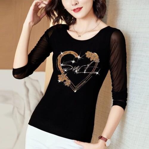 Spring Fall Korean Style T-Shirt Fashion Sexy O-Neck Shiny Diamonds Women Cotton Tops Ropa Mujer Long Sleeve Lace Tees