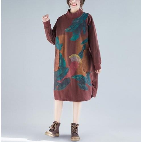Winter new arrival long sweater vinatge art large size high collar plus velvet china style fashion casual personality tide dress