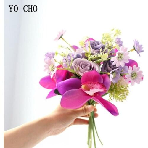 YO CHO Mixed Forest Style Flower Bouquet Silk Orchid Wedding Bouquet Artificially Rose Red for Decoration