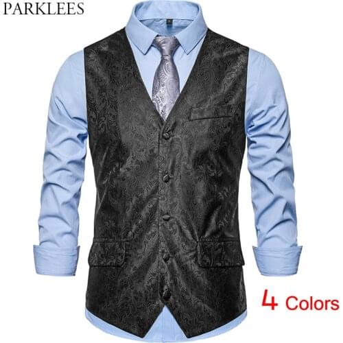 Jacquard Floral Printed Black Mens Vest Wedding Party Prom Men Suit Vests Casual Slim Fit Men Dress Vest Mens Waistcoat Gilet