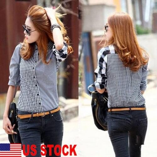 Vogue Women Lady OL Plaid Shirt Long Sleeve Lapel Blouse Slim Fit Casual Top