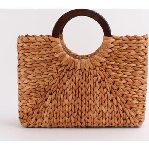 Vintage wooden handle rattan women handbags wicker woven large capacity tote summer beach straw bag lady square bali big purse