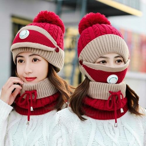 Female Winter Warm Knitted Circle Loop Scarf Face Cover Valve Plush Woolen Cap Purple Pink Red women winter hat and scarf set