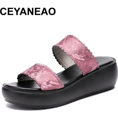 CEYANEAO Women slipper 2020 ladies summer slippers shoes women wedges heels fashion summer genuine leather platform shoes