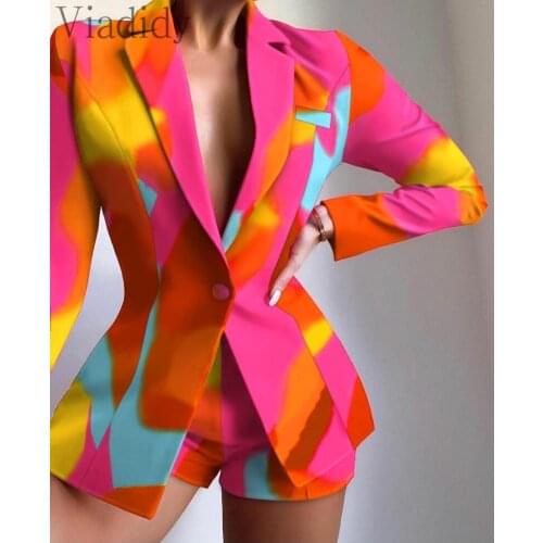 Women Tie Dye Print Single Button Long Sleeve Blazer and Shorts 2pcs Set