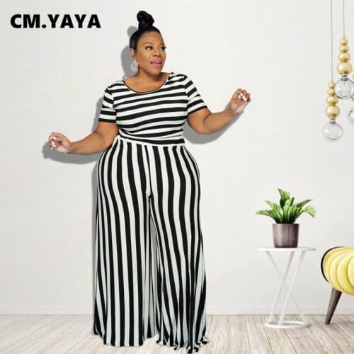 CM.YAYA Women Plus Size Tracksuit Striped Short Sleeve O-neck Tops Wide Leg Loose Pants Two 2 Piece Sets Casual Outfit Summer
