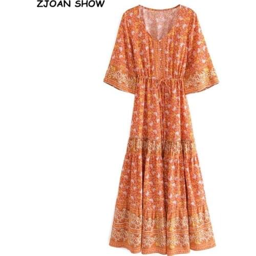 2021 V neck Orange Floral Print Women BOHO Dress Lacing up Adjust Waist Single-breasted Button Flare Sleeve Maxi long Dresses