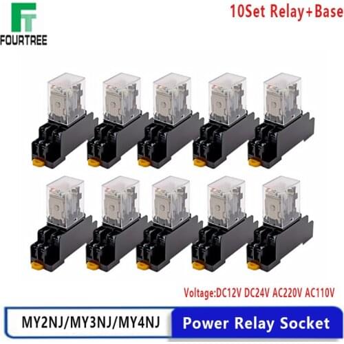 10Set Relay With Socket Base Coil General DPDT Micro Mini Electromagnetic Relay Switch LED AC 110/220V DC 12/24V MY2NJ MY3NJ