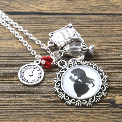 12pcs/lot Beauty and the Beast Necklace Tale As Old As Time glass dome flower charm necklace silver