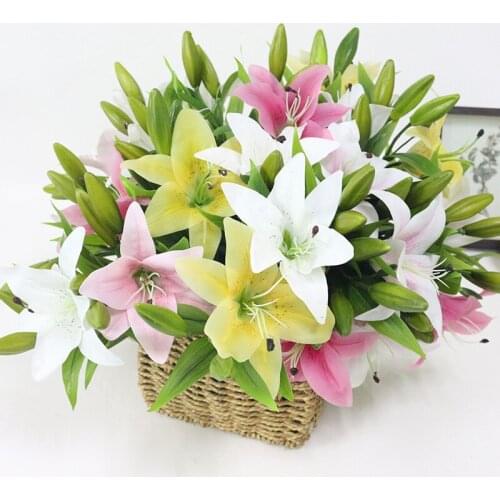 5pcs/lot 3 heads real touch Latex artificial lily 38cm length silk decorative flower for wedding party decoration Christmas gift
