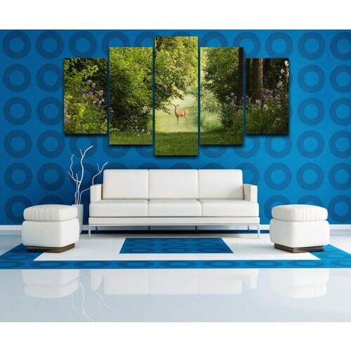 5 Pieces Forest Animal Deer Painting Natural Green Landscape Home Decor Prints Canvas Wall Art Pictures Living Room Poster Frame