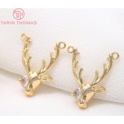 6PCS 15x15MM Hole 1MM 24K Gold Color Brass with Zircon Deer Pendants Charms High Quality Diy Jewelry Findings Accessories
