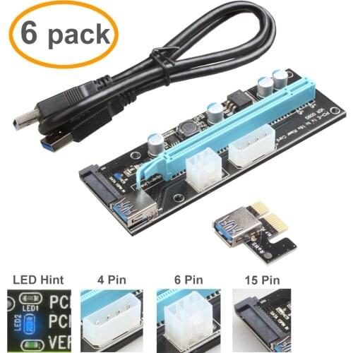 6 Pack V009S PCI-E Riser Express Cable 16x TO 1x (6P / 4P / SATA) With Led Graphics Extension Ethereum ETH Mining Powered Riser