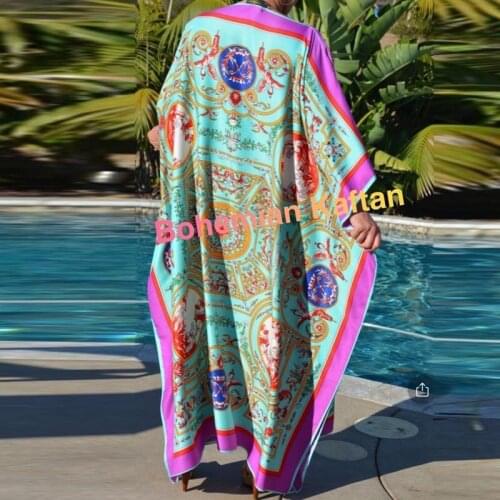 Africa Fashion Blogger Recommend Popular printed Silk Kaftan Maxi dresses Loose Summer Beach Bohemian kaftan long dress for lady