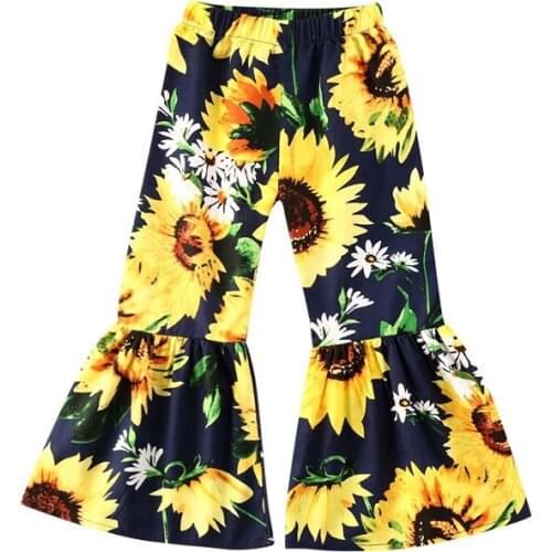 New Fashion Baby Girls Bell-Bottomed Flare Pants Trousers Loose Flouncing Sunflower Printed Kids Spring Autumn Clothes
