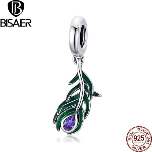 BISAER Peacock Feather Beads 925 Sterling Silver Blue Feather Charm Pendant Fit DIY Bracelet Necklace Jewelry Gift ECC1704