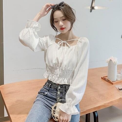 Temperament square collar shirt design niche sense of 201 autumn new short section strap long sleeve chiffon top blouse female