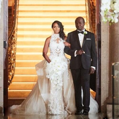 Graceful High Neck Mermaid Wedding Dresses with Detachable Train Bridal Gowns Lace Appliques Church Vestidos De Noiva