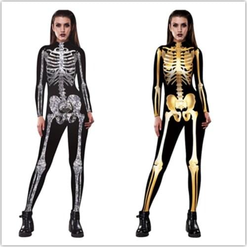 Adult size Skull Skeleton Jumpsuit Catsuit Sexy Cosplay Costumes Halloween Purim Carnival Women Bodysuit Fancy Dress