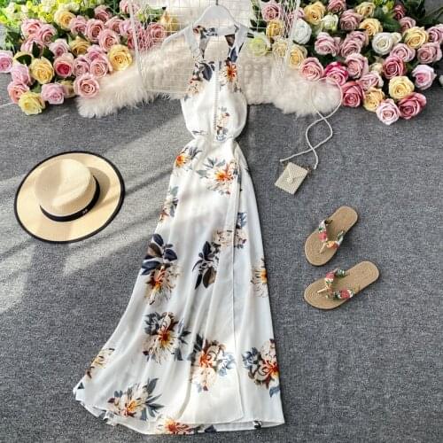 Summer Womens Dress Holiday Beach Wind Hanging Neck Printing Sleeveless Dress New Waist Big Swing Female Chiffon Dresses HH278