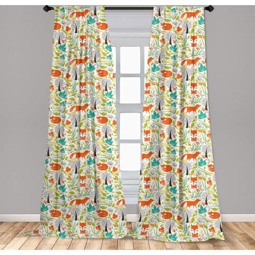Cartoon Curtain Wild Fox Wolf with Leaves Flowers and Leafless Trees Print Window Treatment Living Room Bedroom